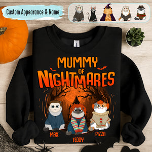 Personalized Halloween cat shirt featuring characters in spooky costumes with the text Mummy of Nightmares