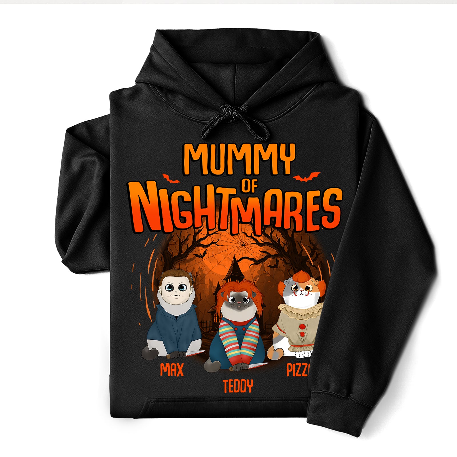 Personalized Halloween cat shirt featuring cartoon cats in costumes with spooky text