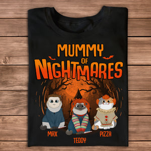 Personalized Halloween cat shirt featuring illustrated cats in spooky outfits for festive celebrations