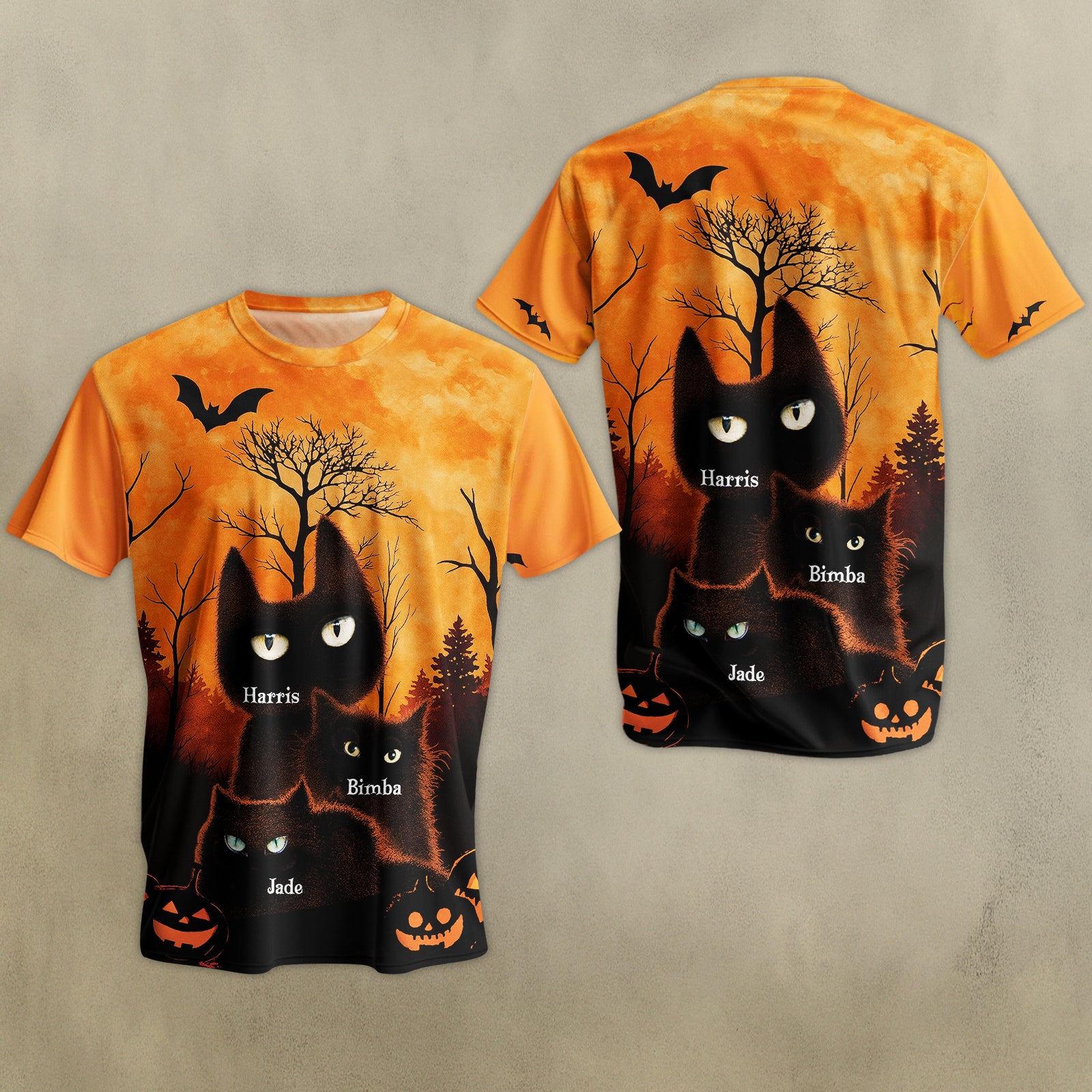 Personalized Halloween cat t-shirt featuring spooky black cats and pumpkins against an orange backdrop