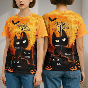 Personalized Halloween cat t-shirt featuring black cats and spooky pumpkins for festive celebrations