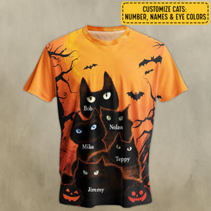 Personalized Halloween cat t-shirt featuring black cats with customizable names and eye colors