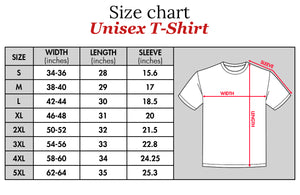 Size chart for personalized Halloween cat t-shirt showing width, length, and sleeve measurements