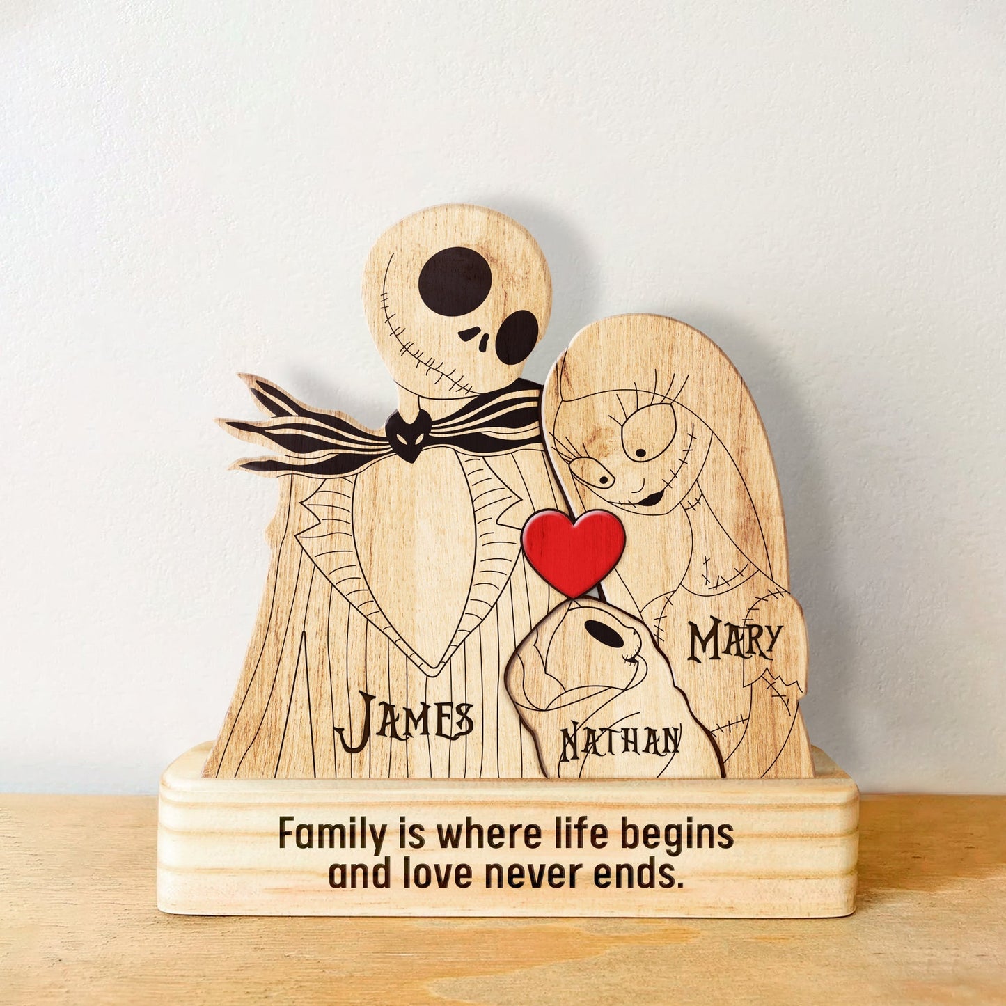 Personalized Halloween family puzzle wooden display with cartoon skeletons named James Mary and Nathan