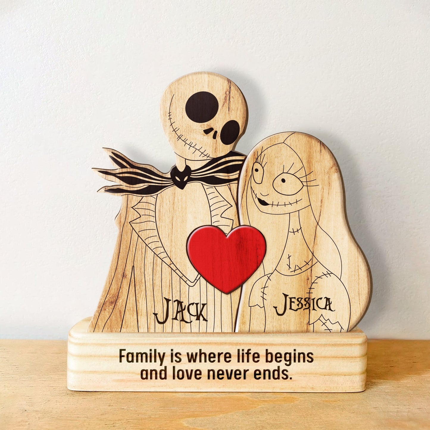 Personalized Halloween family puzzle wooden figures with names Jack and Jessica and red heart decoration