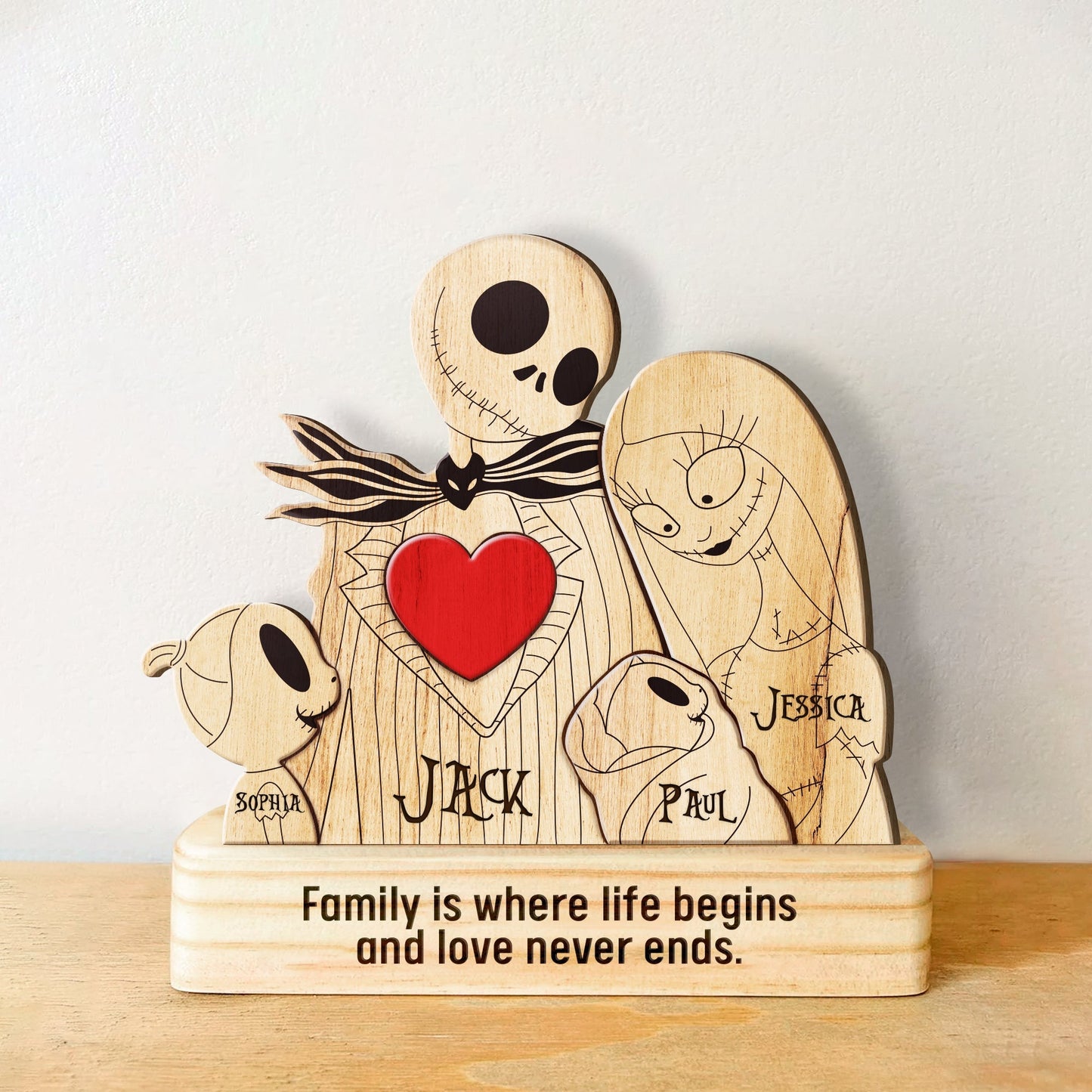 Personalized Halloween family puzzle wooden decoration with skeleton characters and names Jack Jessica Sophia Paul