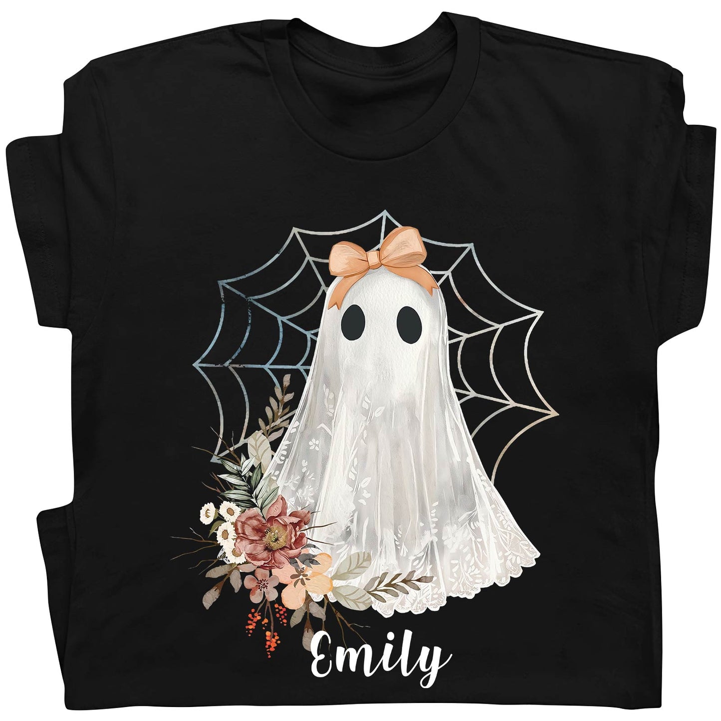Black personalized Halloween ghost shirt with floral design, spiderweb, and name Emily