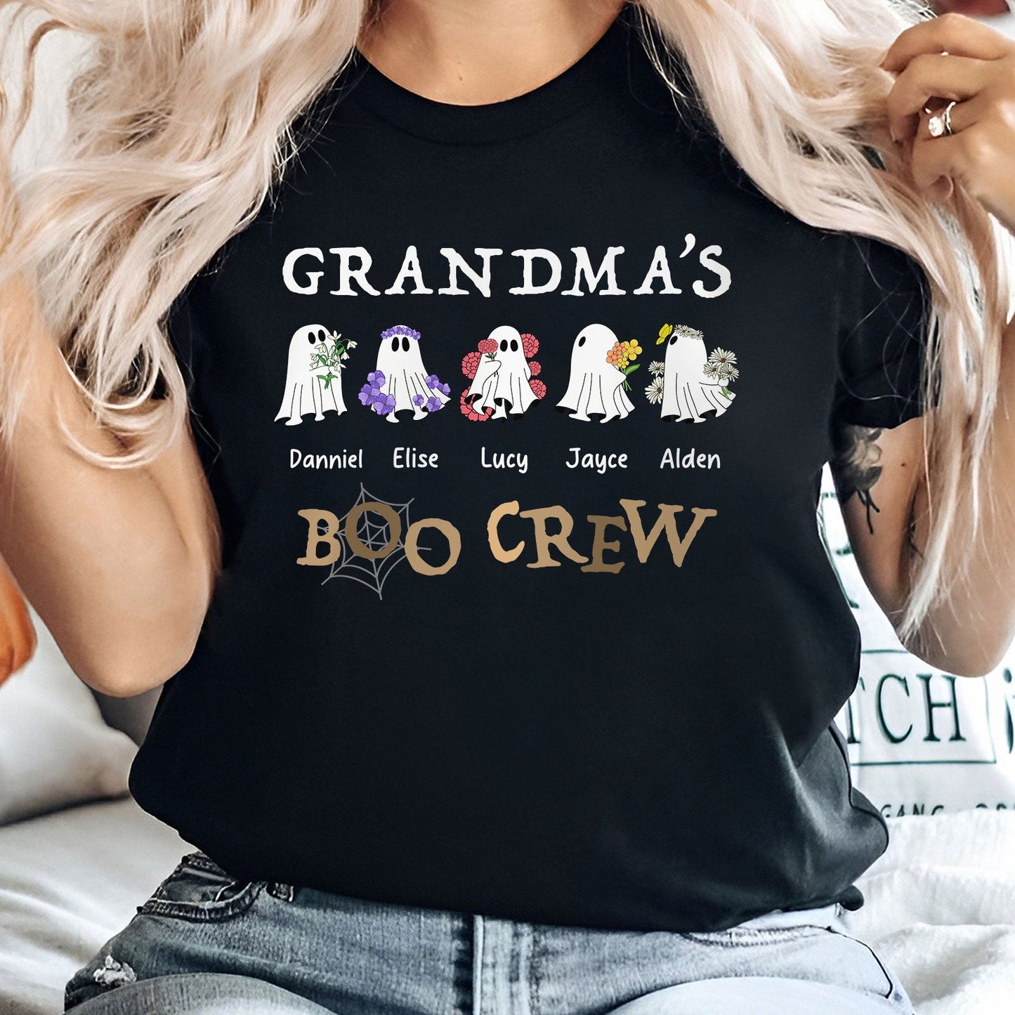 Personalized Halloween ghost shirt Grandma's Boo Crew with custom ghost characters and names