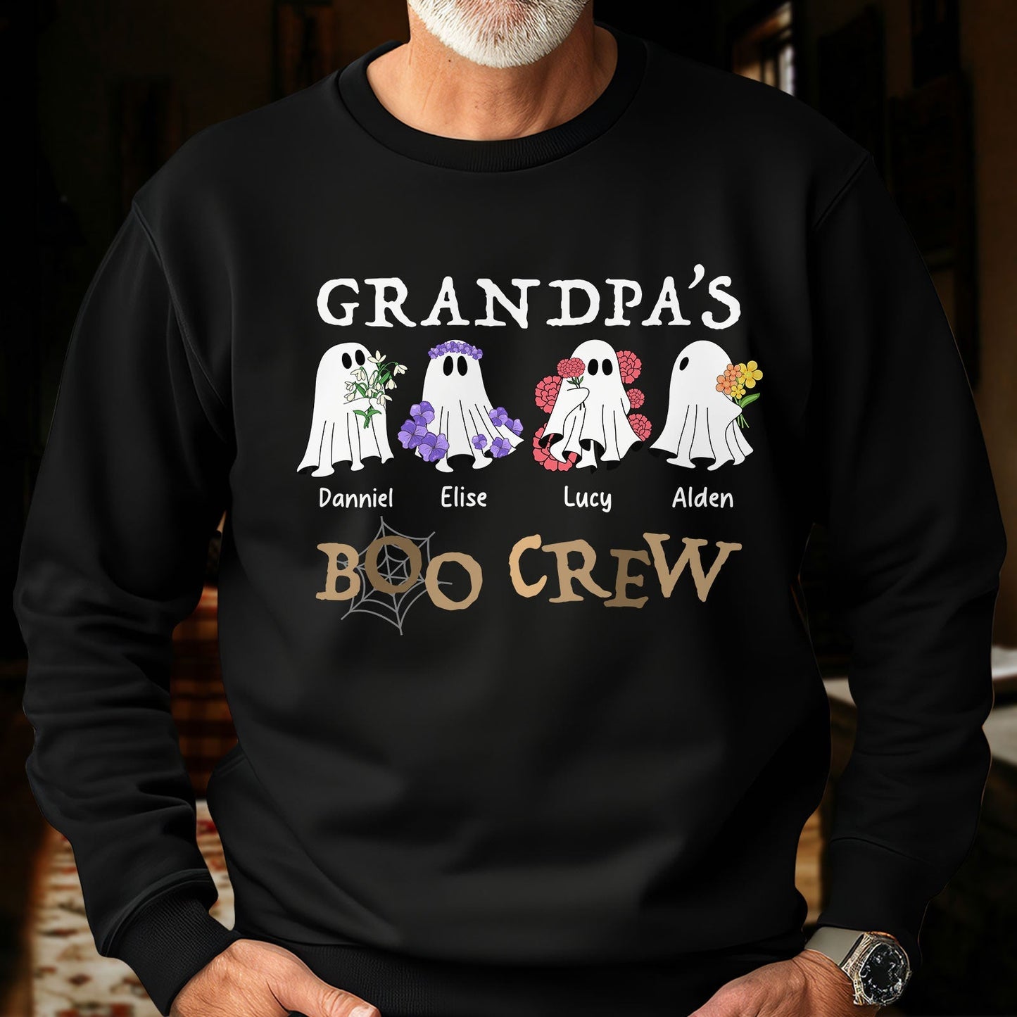 Grandpa wearing personalized Halloween ghost shirt with four named ghosts and Boo Crew text in black