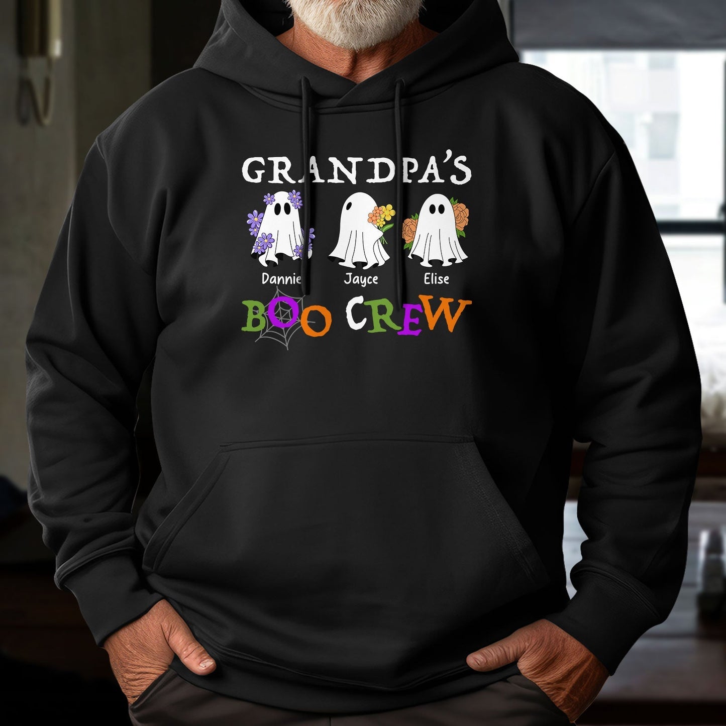 Personalized Halloween ghost shirt black hoodie with Grandpa's Boo Crew and custom ghost names