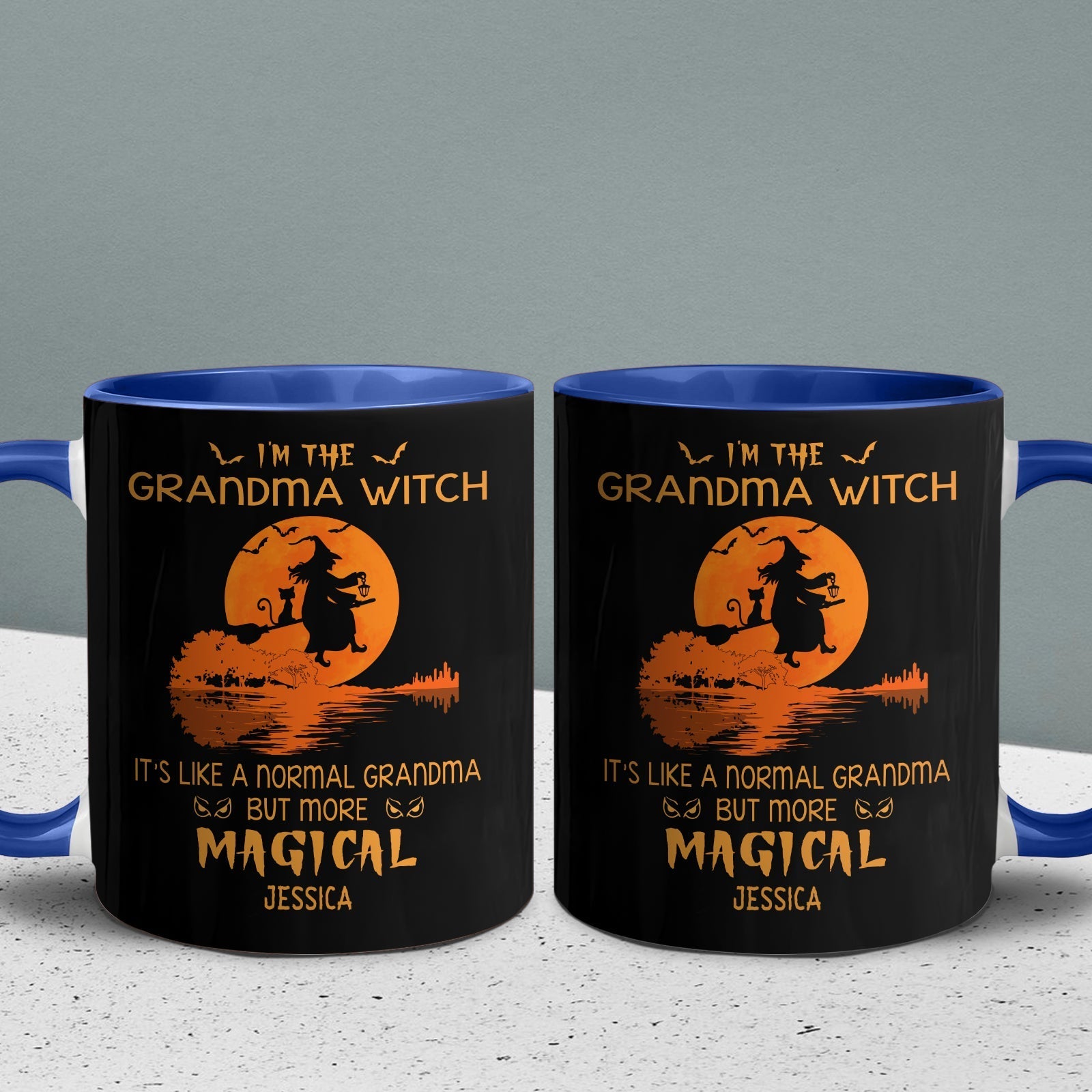 Personalized Halloween grandma mug with witch design and magical text in orange on black background