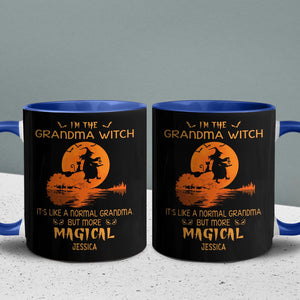 Personalized Halloween grandma mug with witch design and magical text in orange on black background