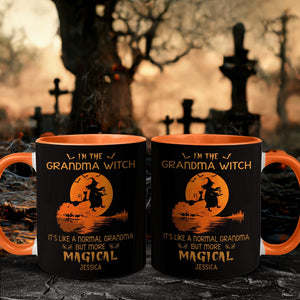 Personalized Halloween grandma mug with orange interior and witch design by 365Gifty