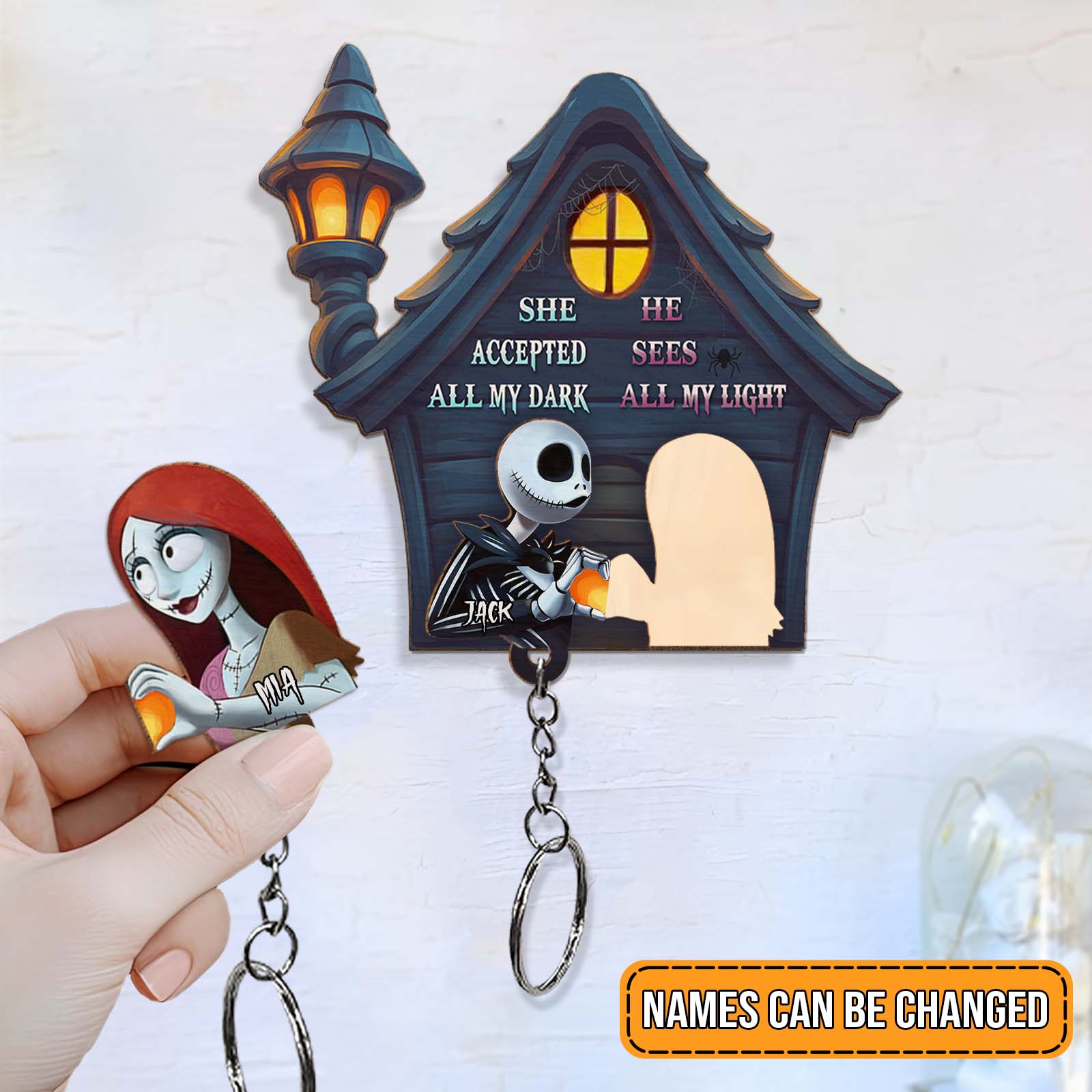 Personalized Halloween keychain featuring Jack and Sally with a spooky house design