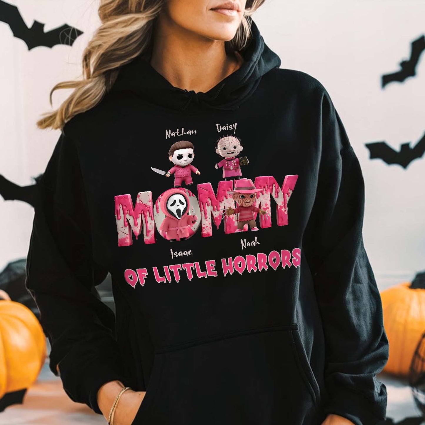 Personalized Halloween mama shirt black hoodie with horror character design and kids names by 365Gifty