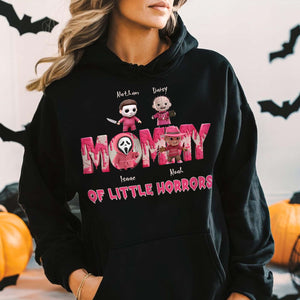 Personalized Halloween mama shirt black hoodie with horror character design and kids names by 365Gifty