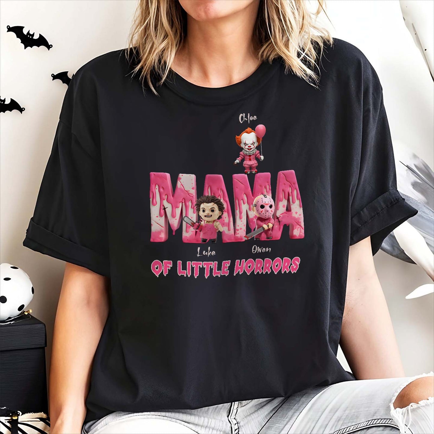 Black personalized Halloween mama shirt from 365Gifty featuring horror character designs and spooky text