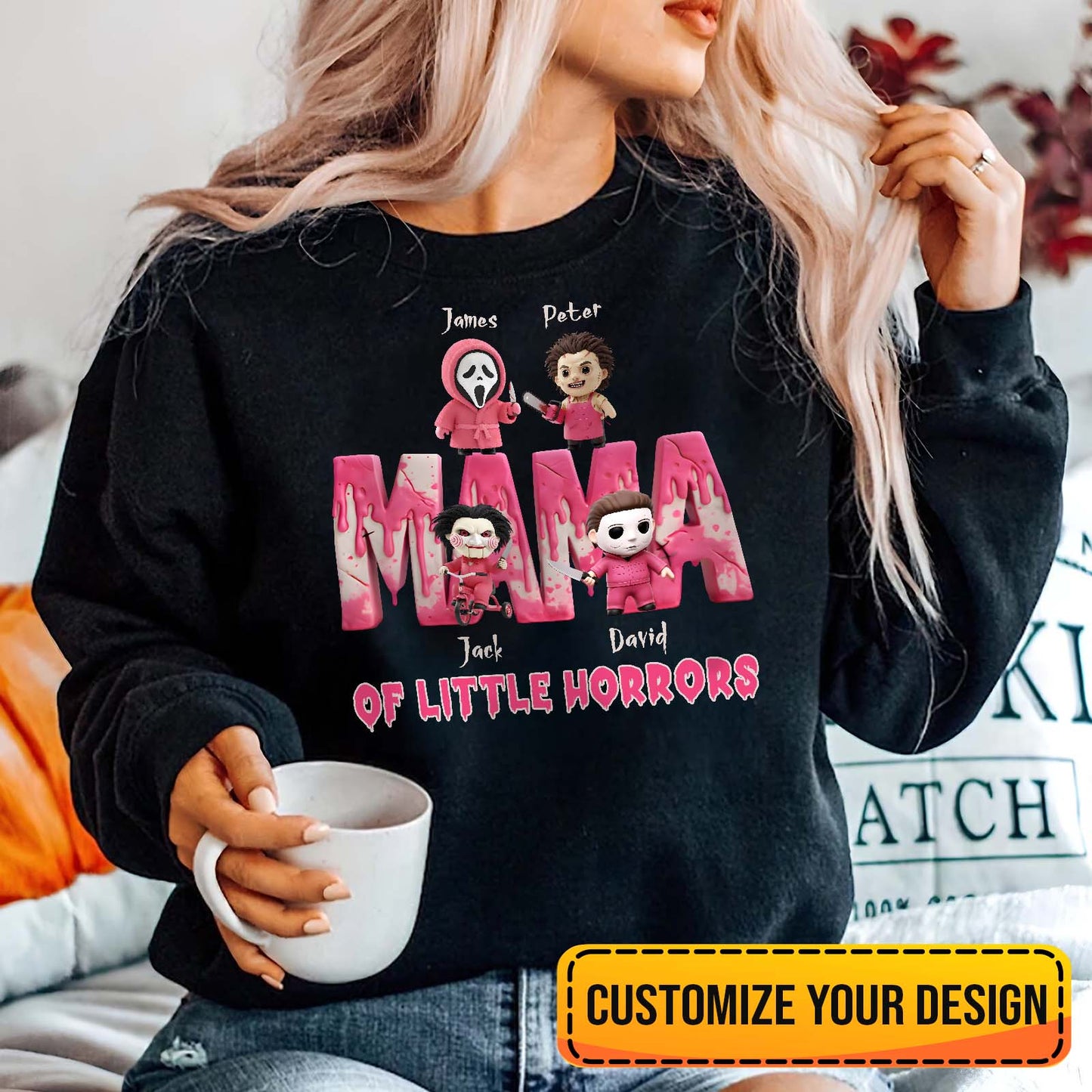 Black personalized Halloween mama shirt with cute horror character designs and customizable names