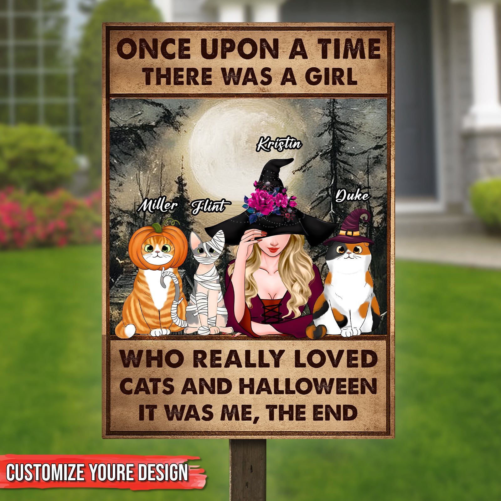 Personalized Halloween metal sign featuring a girl with cats and a witch hat, customizable design