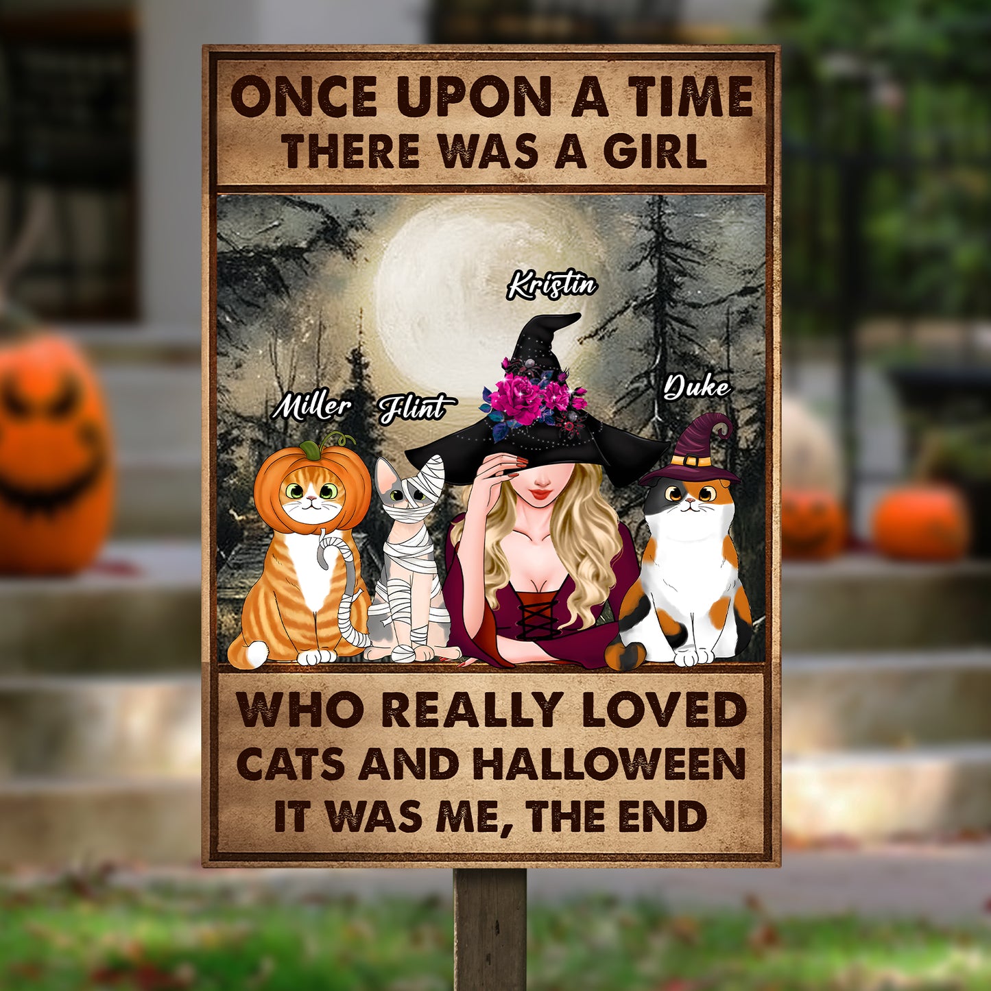 Personalized Halloween metal sign featuring a girl with cats and pumpkins, perfect for spooky decor