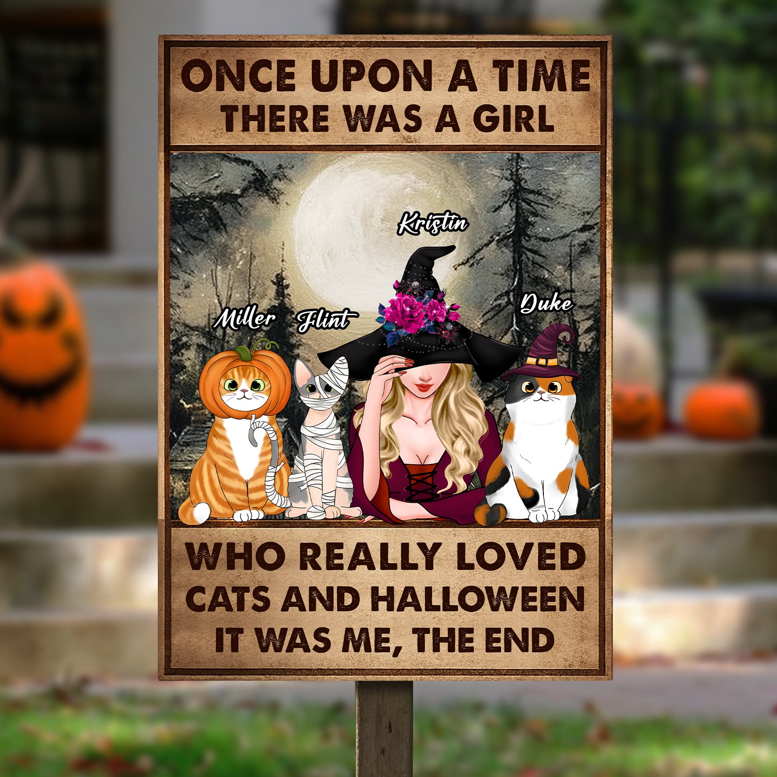 Personalized Halloween metal sign featuring a girl with cats and pumpkins, perfect for spooky decor