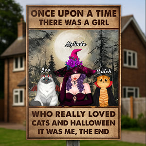 Personalized Halloween metal sign featuring a girl with cats and a spooky background