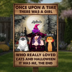 Personalized Halloween metal sign featuring a girl with cats and a witch hat, ideal for Halloween decor