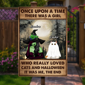 Personalized Halloween metal sign featuring a girl in a witch hat and a cat with a spooky backdrop