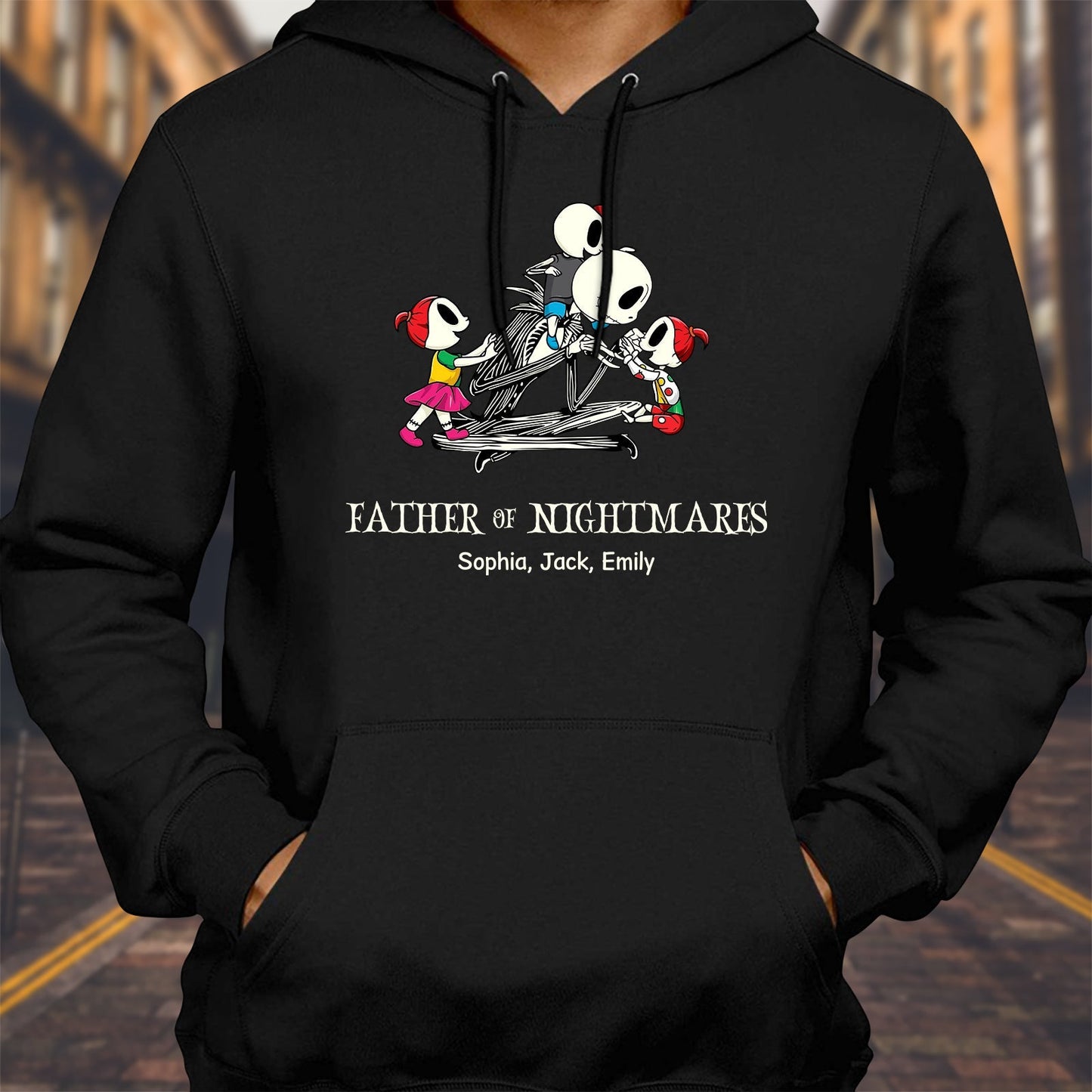 Black hoodie featuring skeleton family design with names for personalized halloween mom shirt