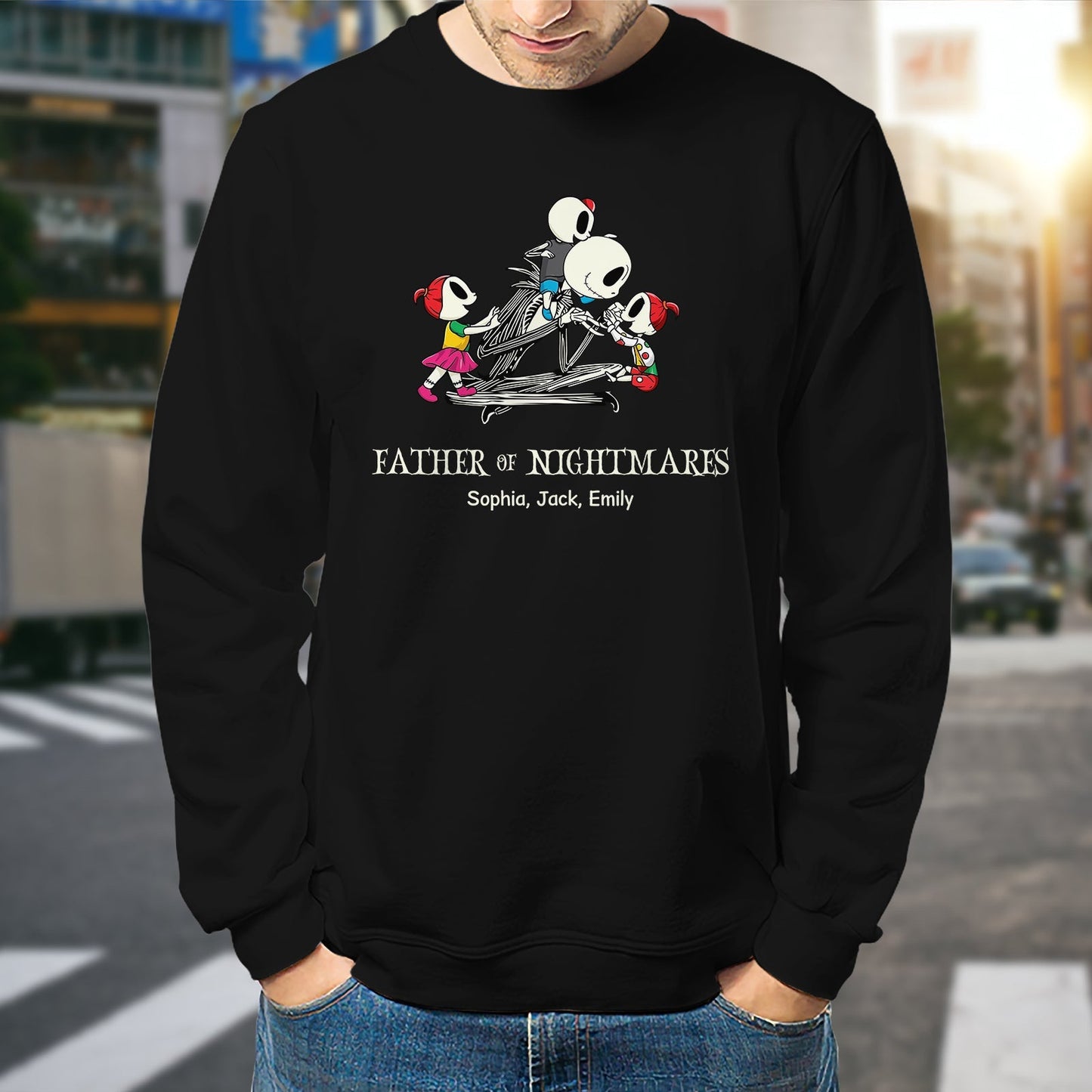 Black personalized halloween mom shirt with Father of Nightmares design and custom names on front