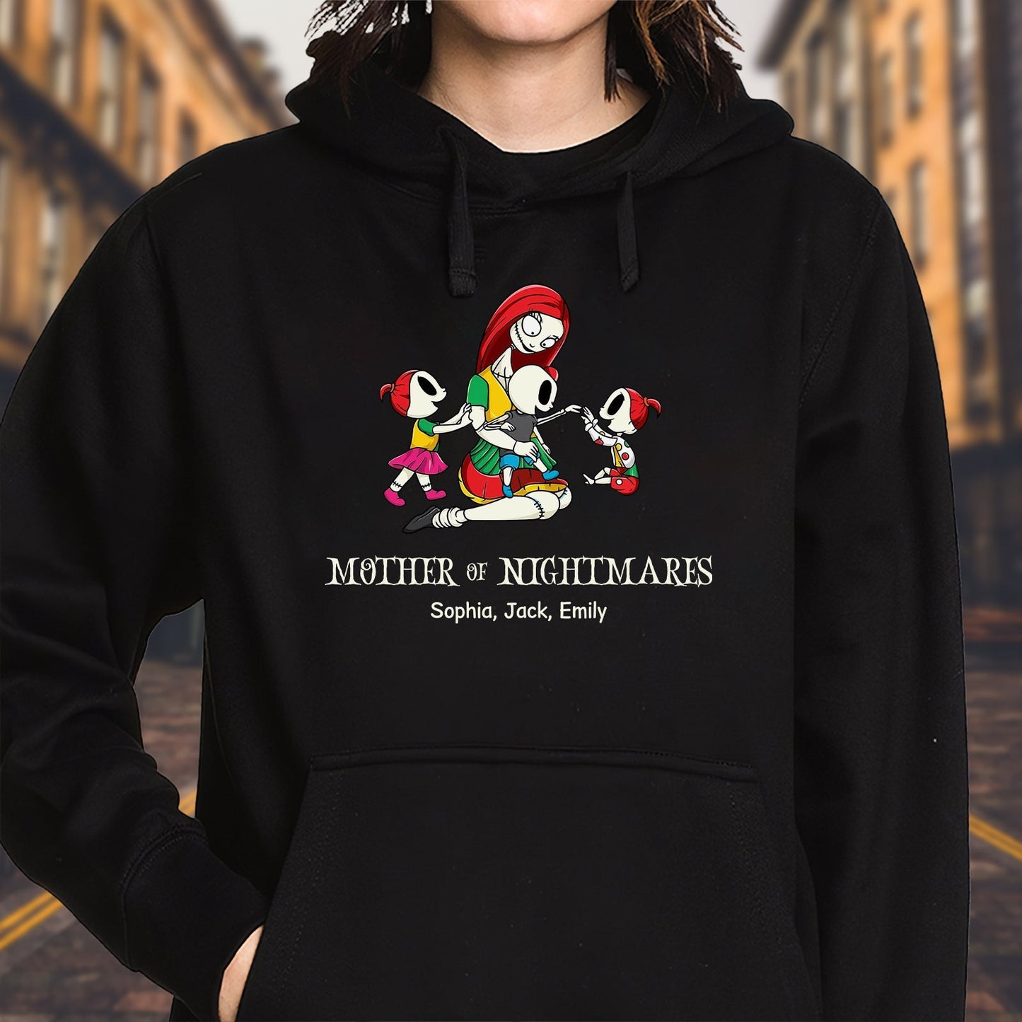 Black personalized halloween mom shirt with Mother of Nightmares graphic and names Sophia Jack Emily