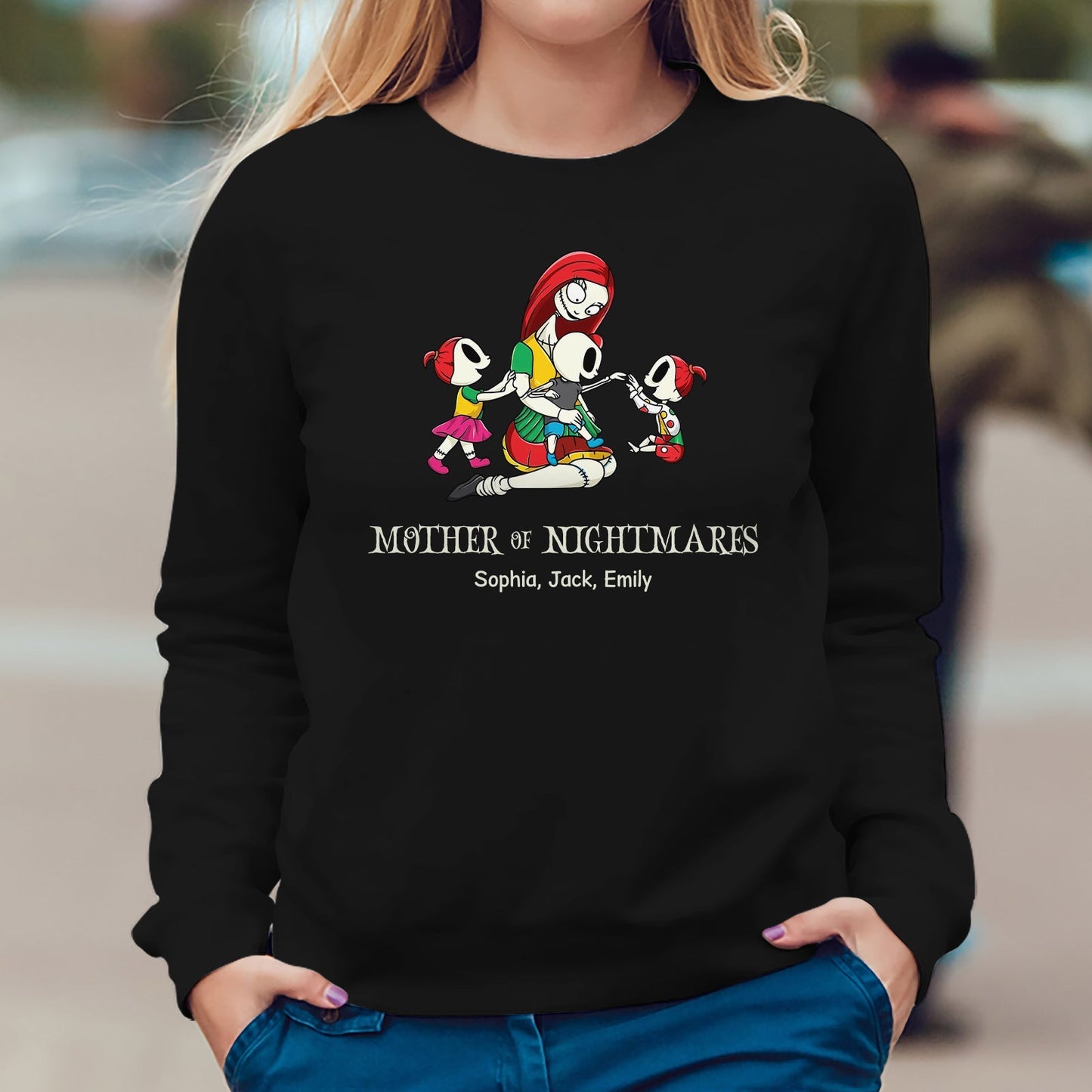 Black personalized halloween mom shirt with mother of nightmares design and custom names Sophia Jack Emily