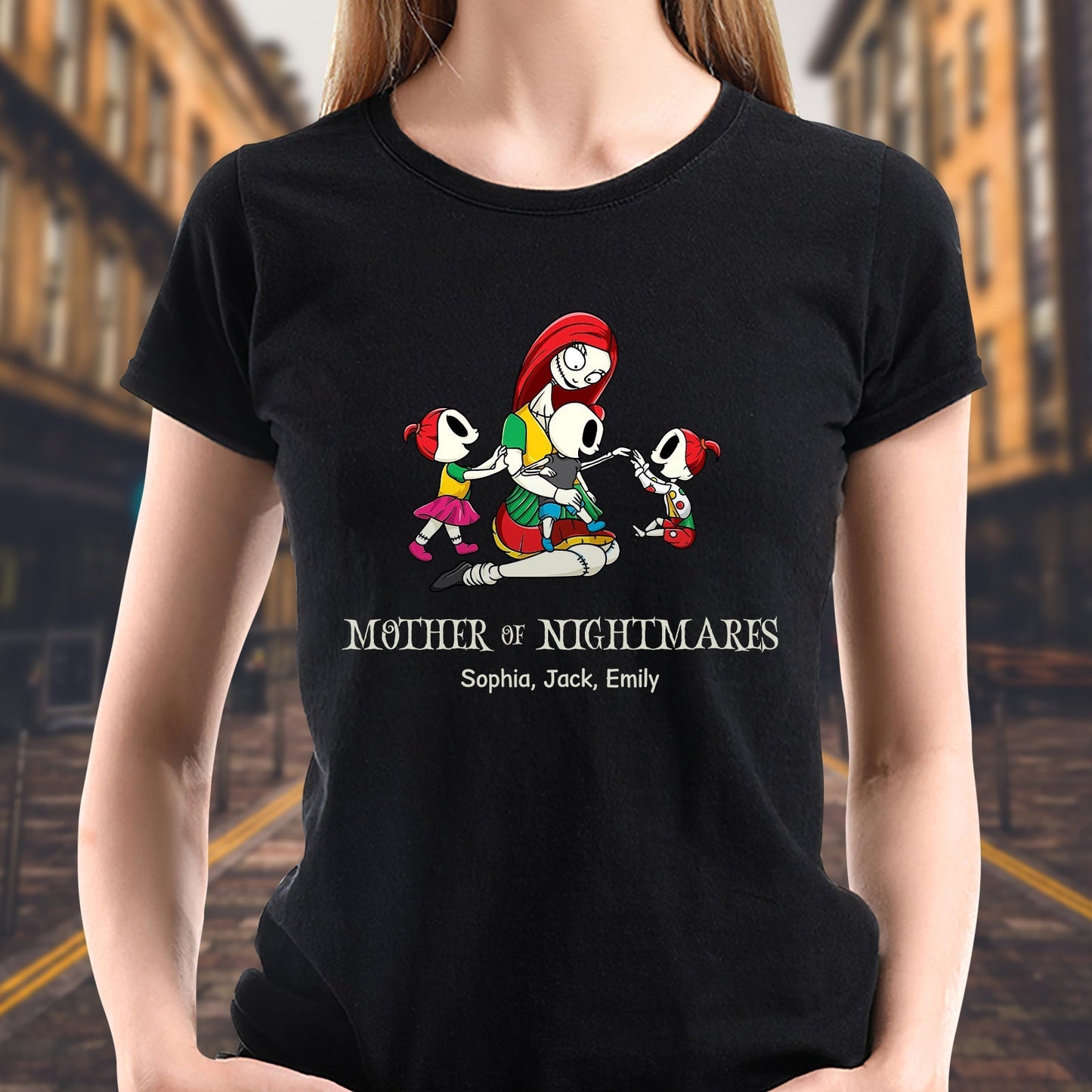 Personalized Halloween mom shirt featuring Mother of Nightmares design with custom names Sophia Jack Emily