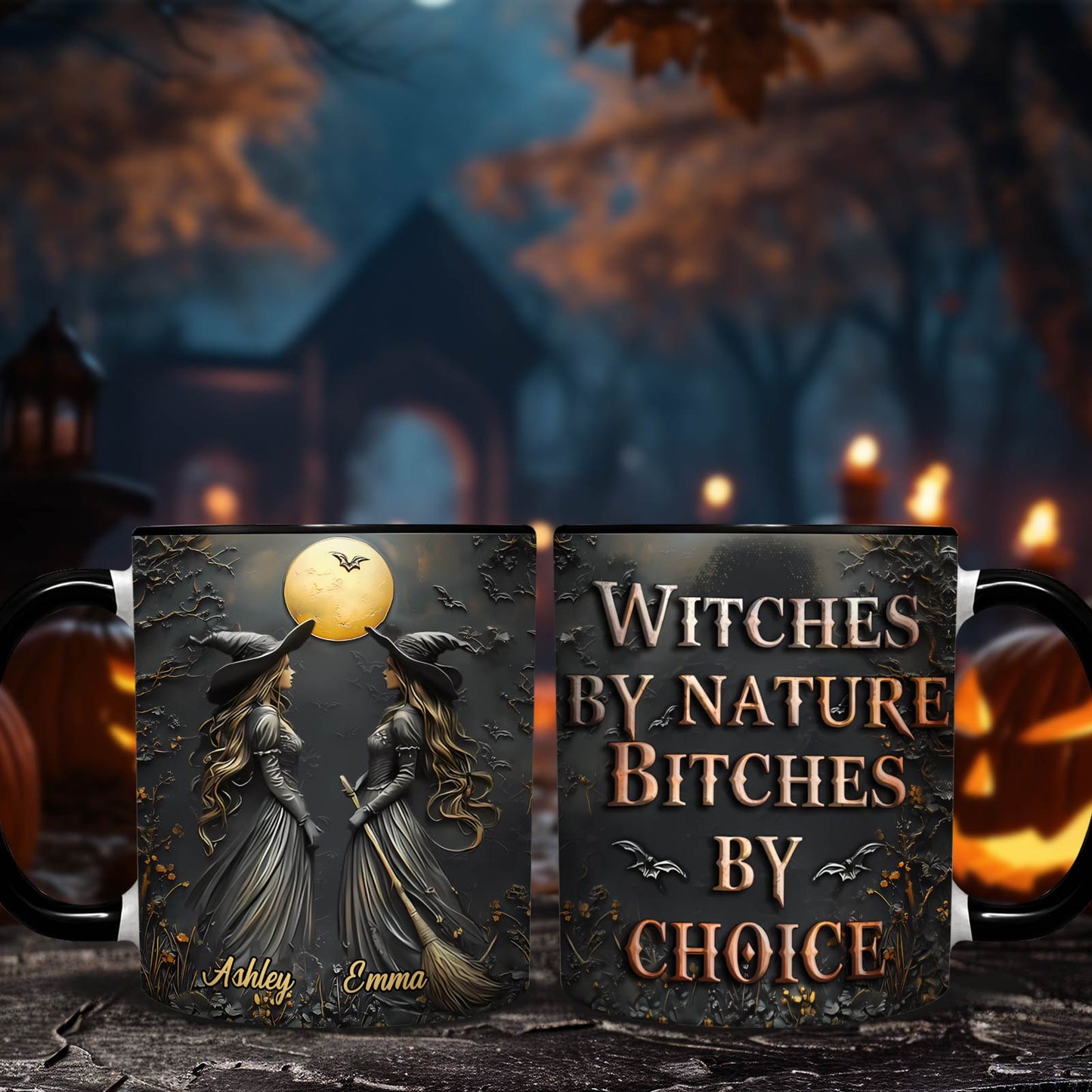 Personalized Halloween mug featuring two witches with names Ashley and Emma and spooky text design