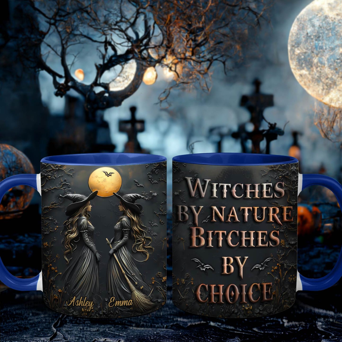 365Gifty personalized Halloween mug featuring two witches under a full moon with customizable names