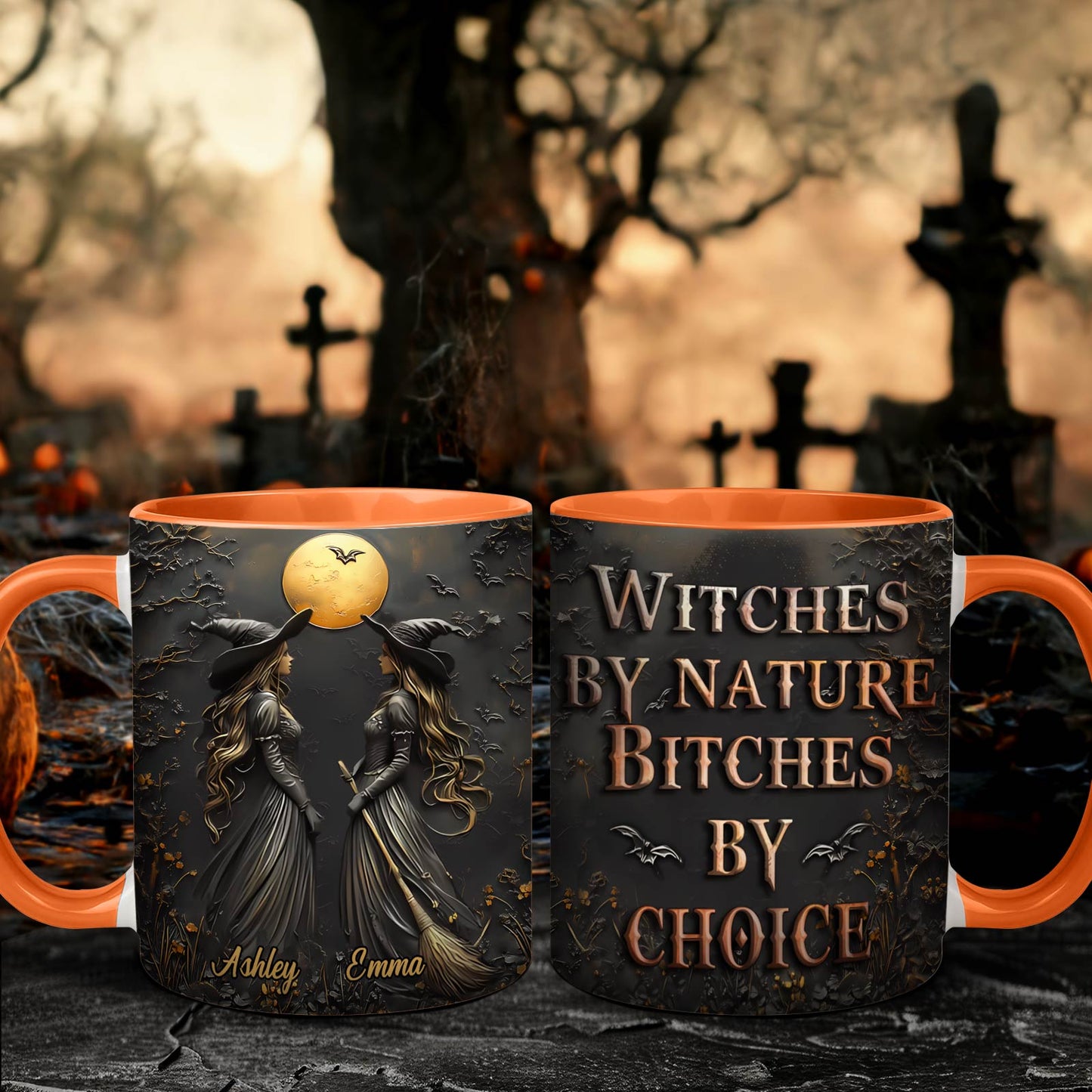 Personalized Halloween mug with witches design and orange handle by 365Gifty