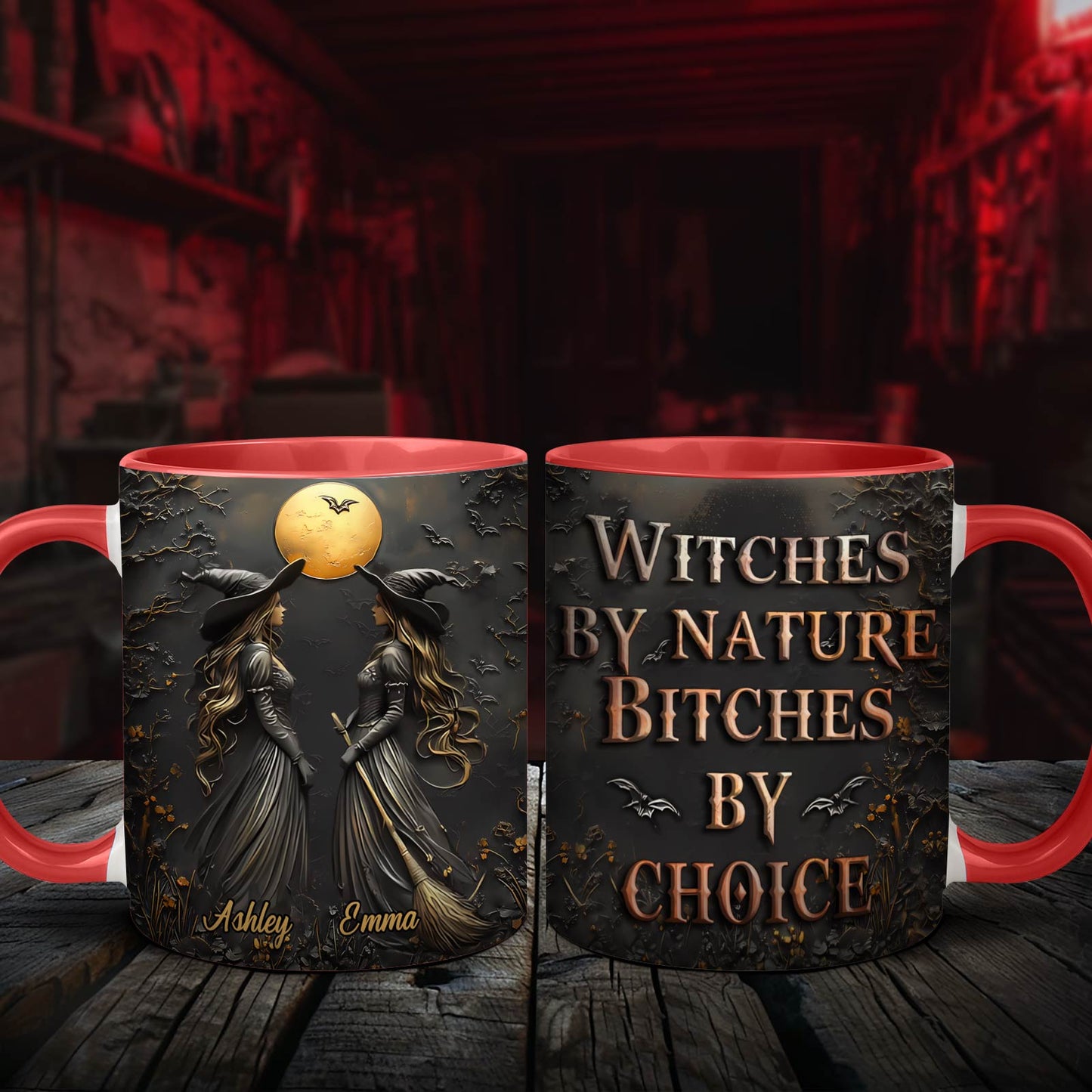 Personalized Halloween mug with two witches and full moon design featuring names Ashley and Emma