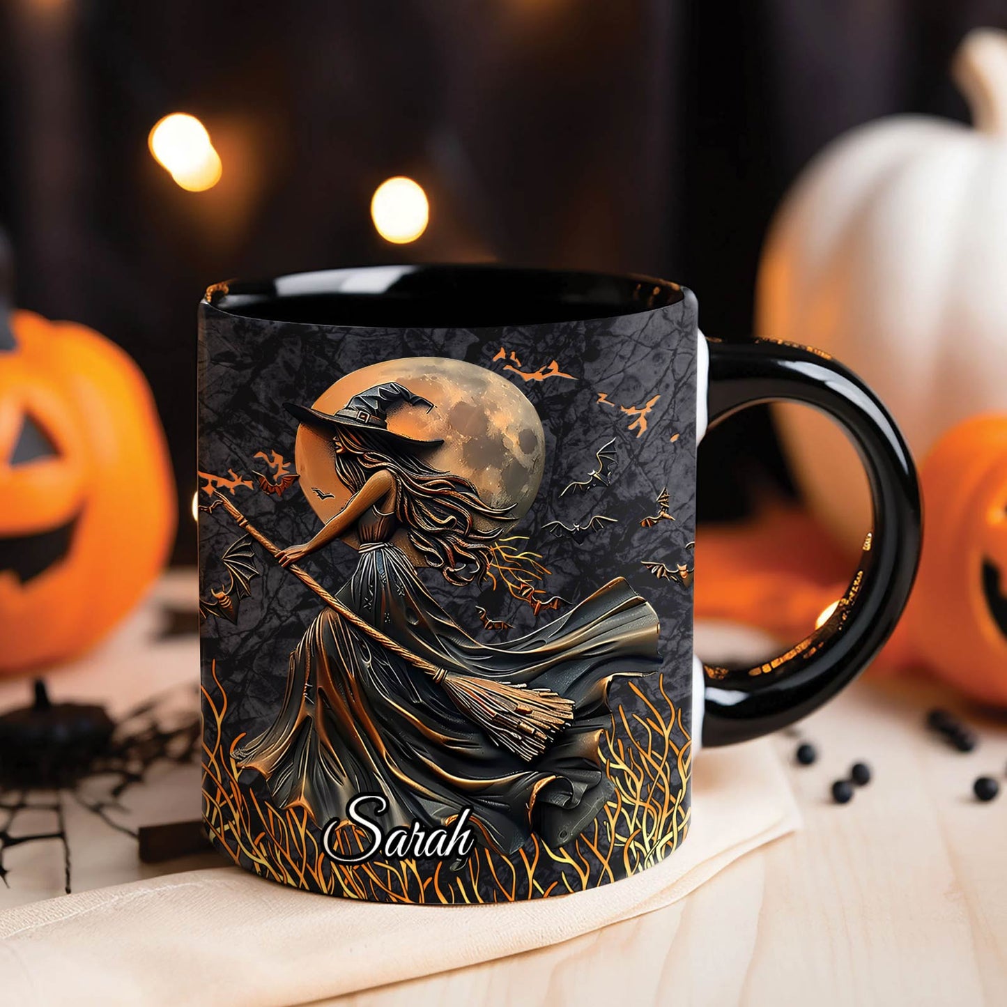 Personalized Halloween mug with witch design and name Sarah under full moon with bats