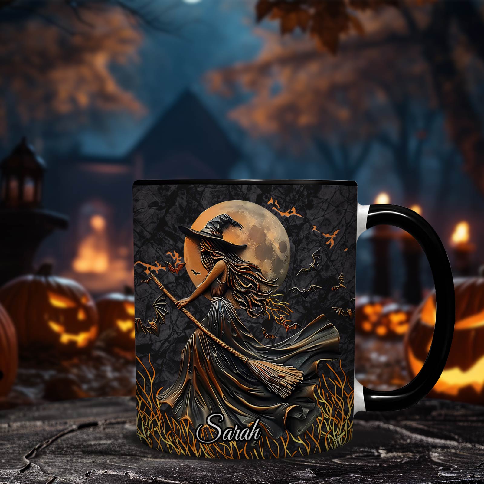 Personalized Halloween mug featuring a witch flying on a broomstick with full moon and bats design