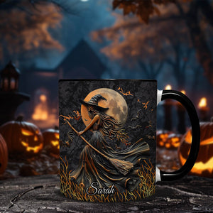 Personalized Halloween mug featuring a witch flying on a broomstick with full moon and bats design