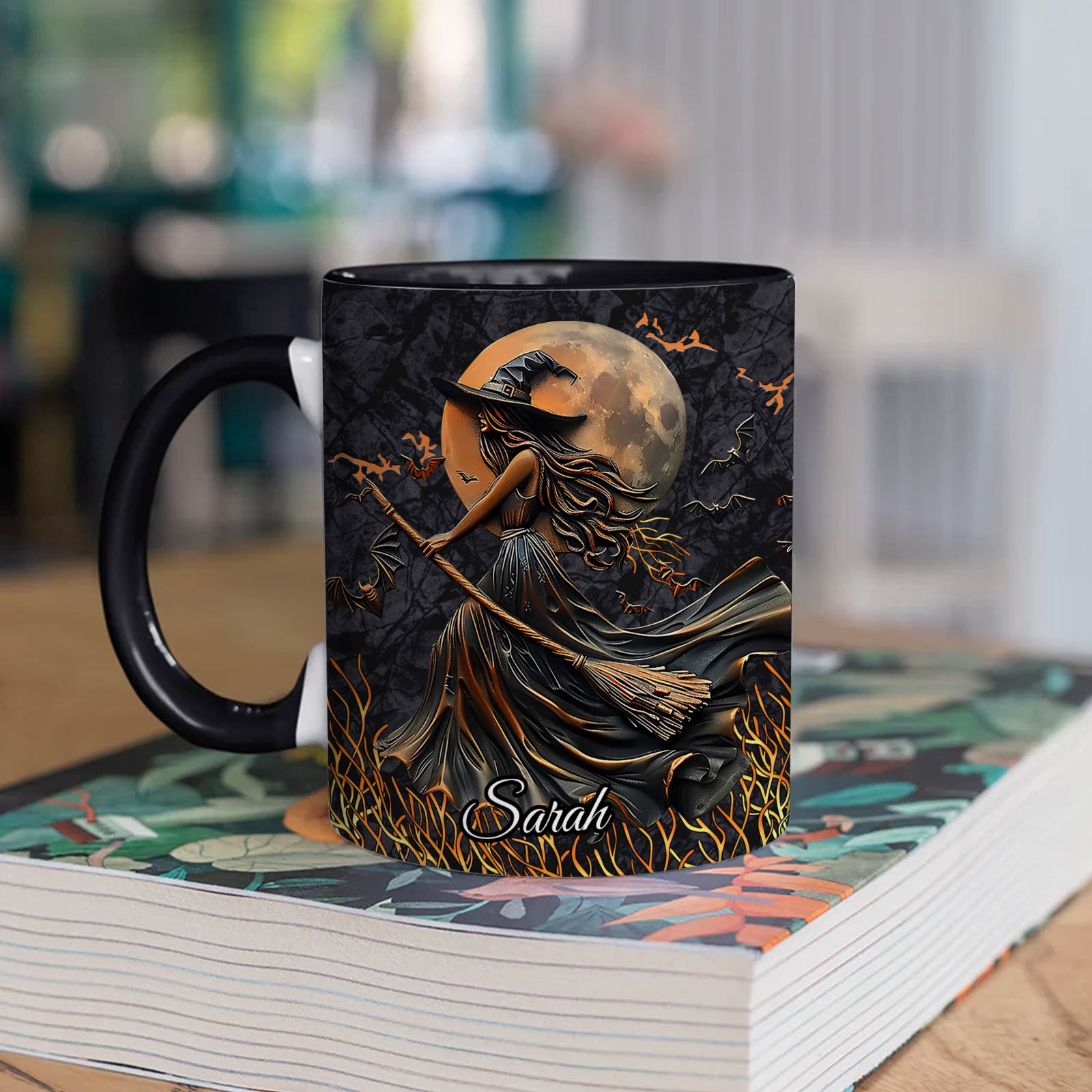 Personalized Halloween mug with witch and full moon design featuring the name Sarah