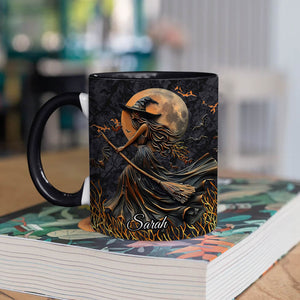 Personalized Halloween mug with witch and full moon design featuring the name Sarah