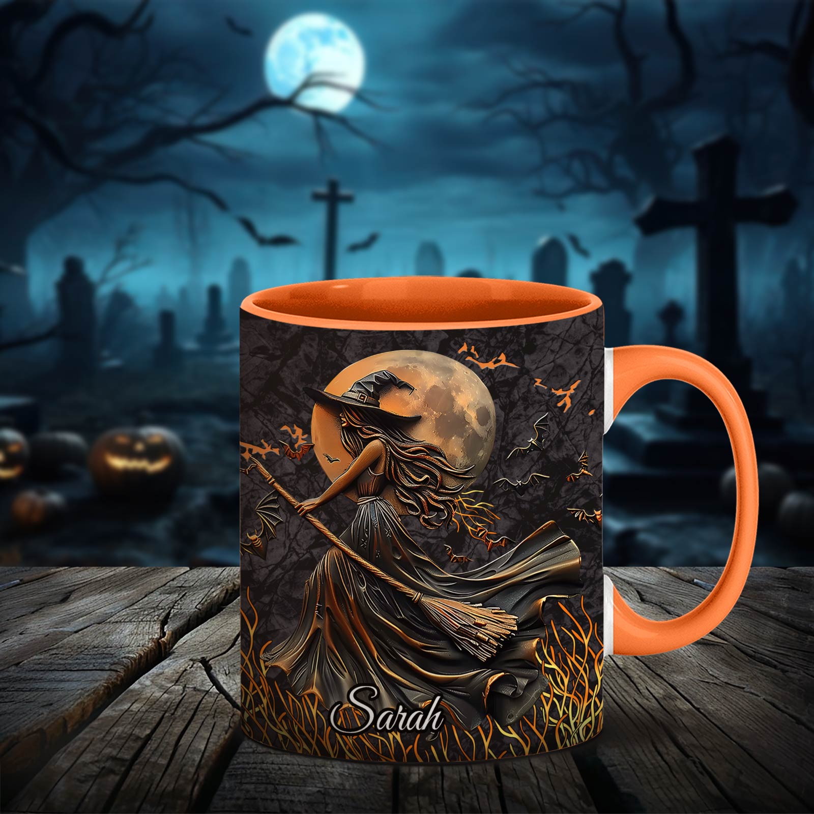 Personalized Halloween mug with witch design and name Sarah in orange and black colors