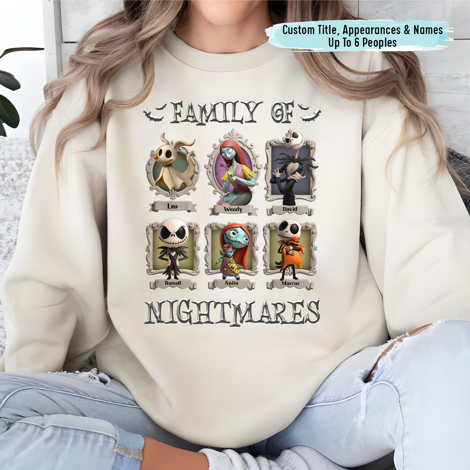 Personalized Halloween shirt featuring 'Family of Nightmares' design with six character portraits