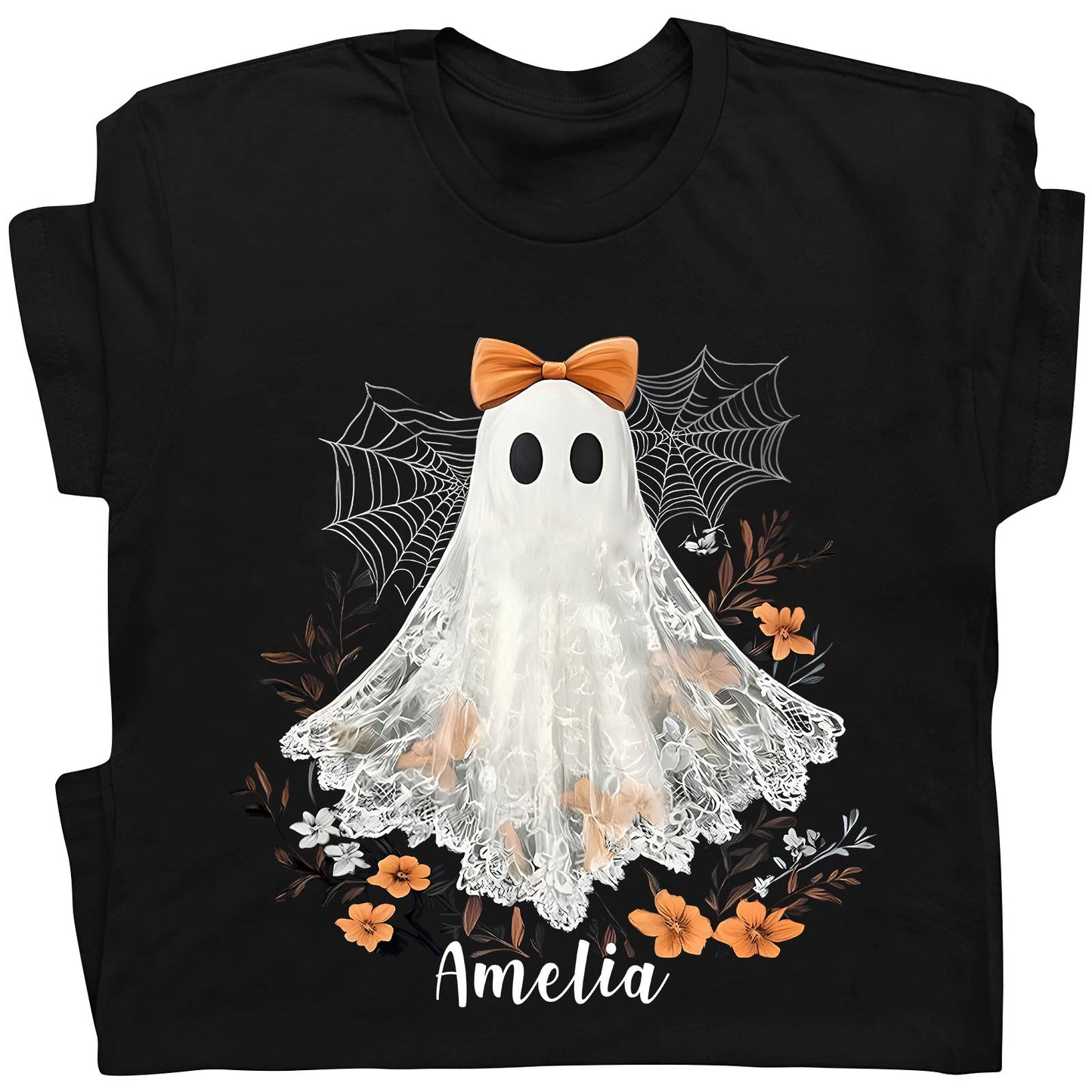 Black personalized Halloween shirt featuring a ghost with orange bow and floral spiderweb design