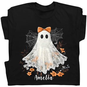 Black personalized Halloween shirt featuring a ghost with orange bow and floral spiderweb design