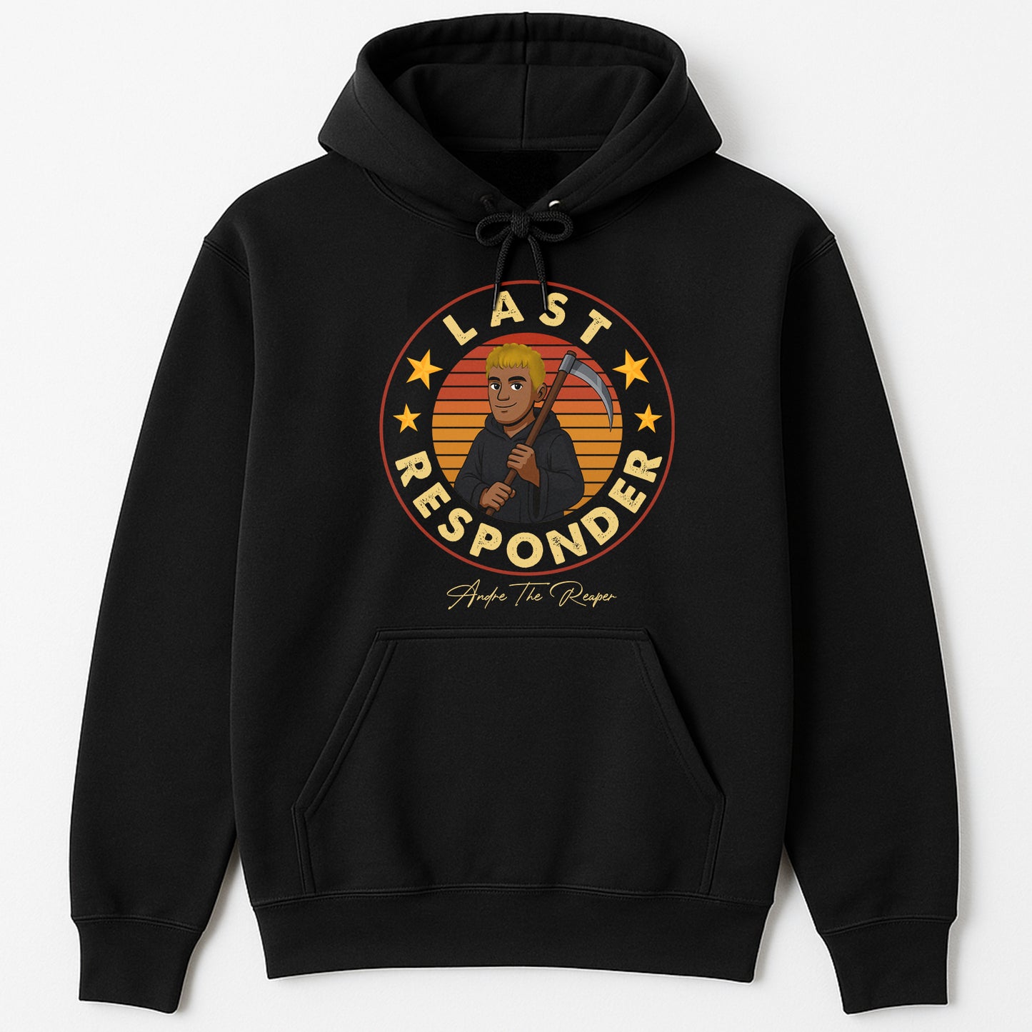 Black personalized Halloween shirt hoodie with Last Responder graphic and cartoon Grim Reaper design