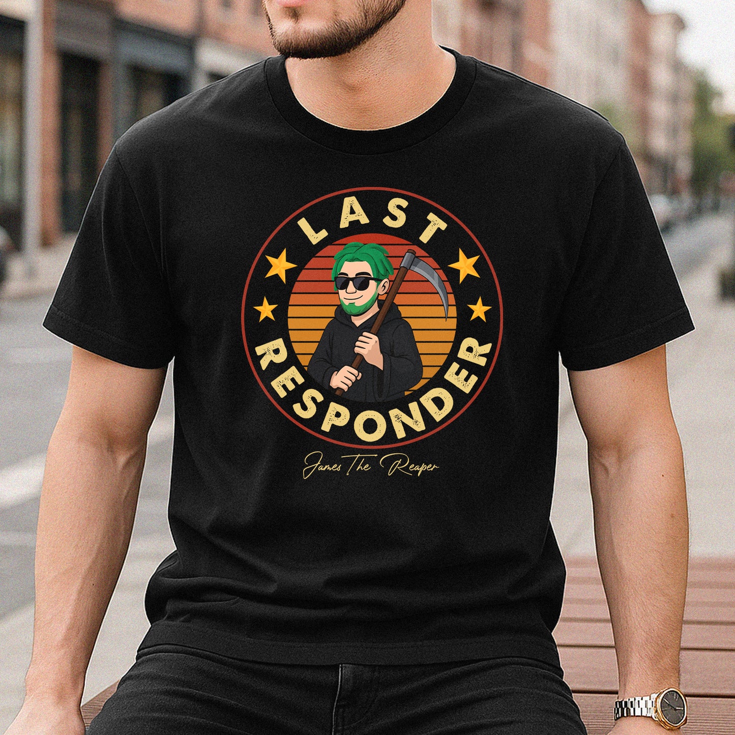 Black personalized Halloween shirt with Last Responder graphic and cartoon Grim Reaper holding scythe