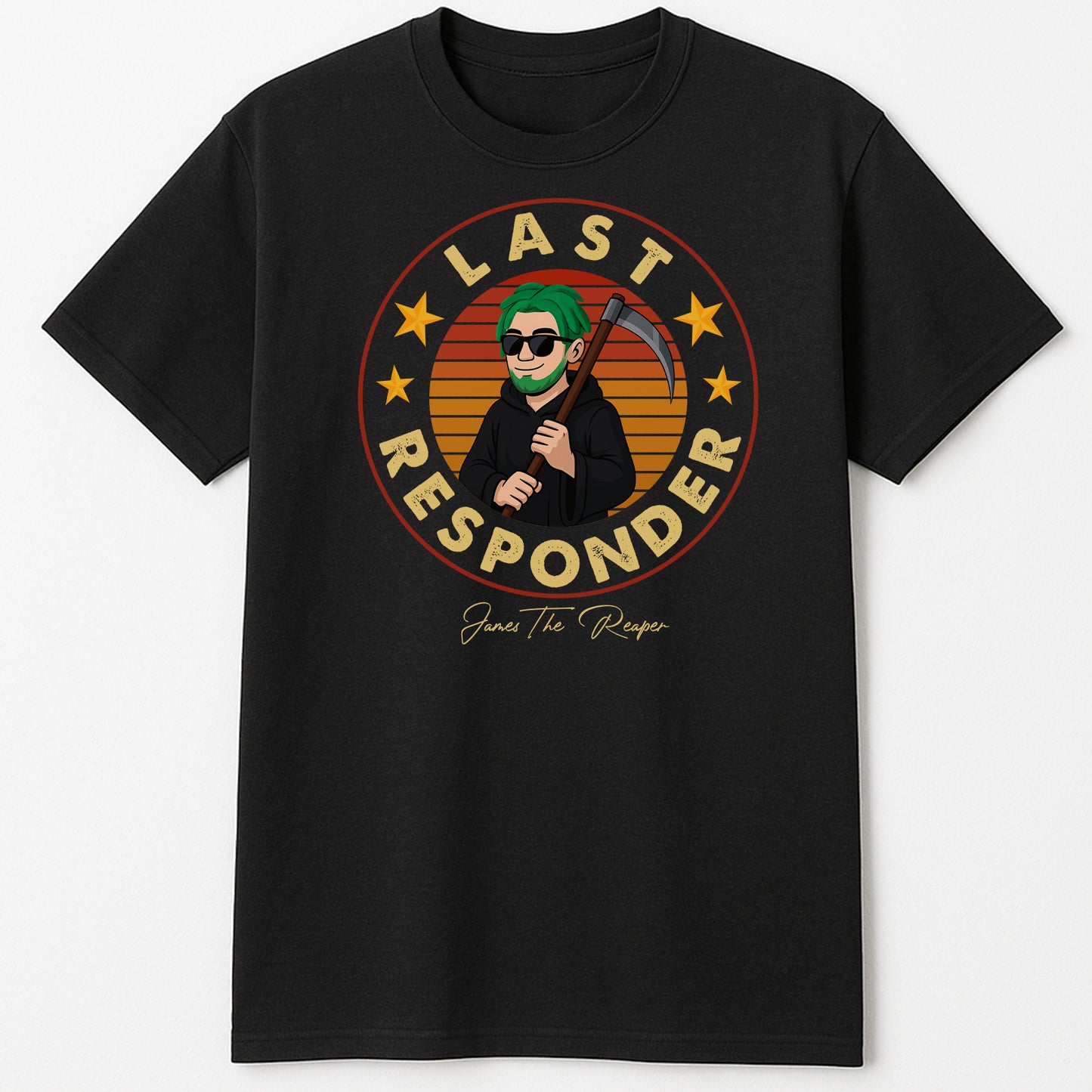 Black personalized Halloween shirt with Last Responder graphic and character holding a scythe