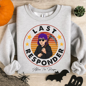 Gray personalized Halloween shirt with Last Responder graphic and purple-haired character holding a scythe